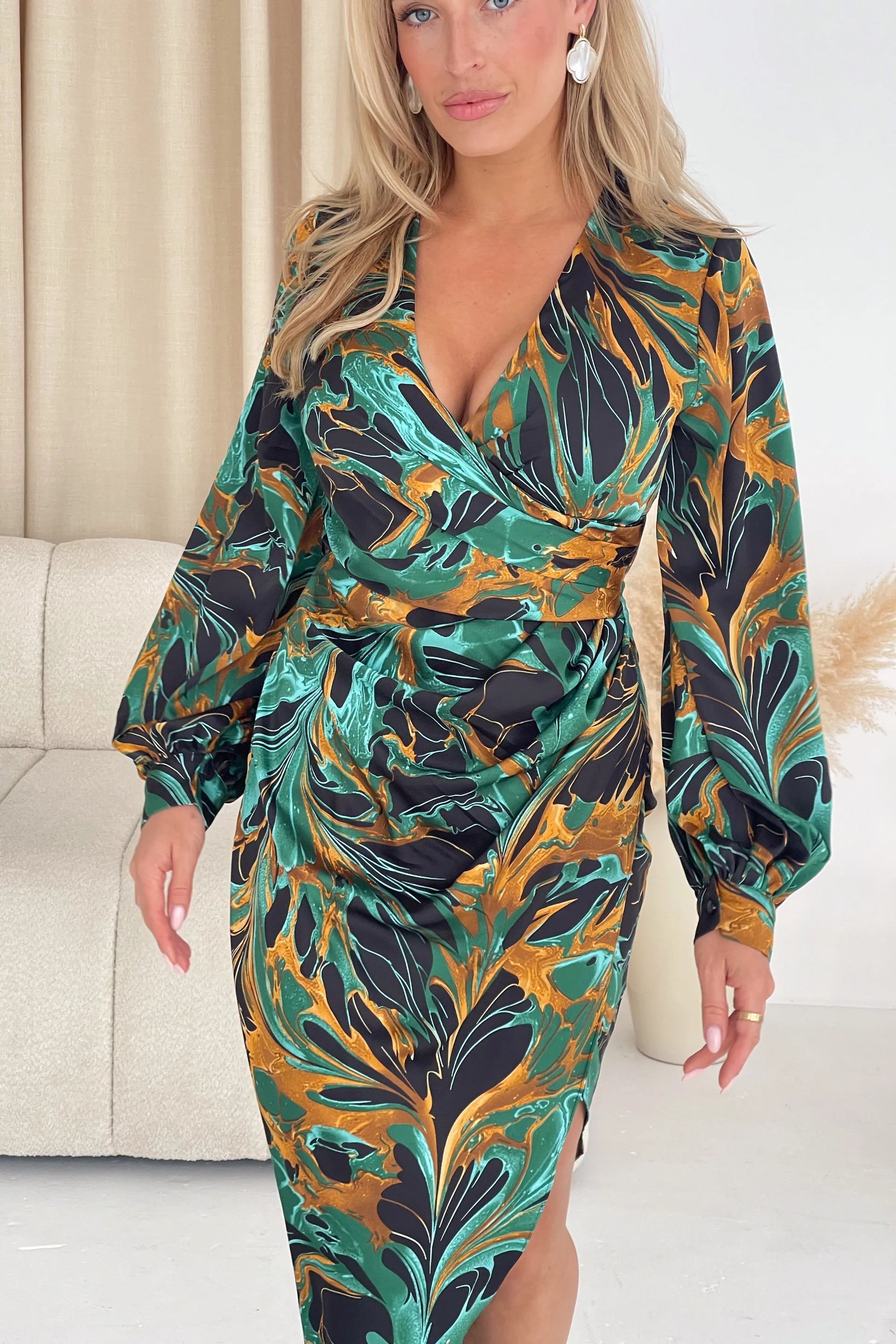 Elsa Green Multi Long Sleeve Wrap Asymmetric Dress - Love and Liberty