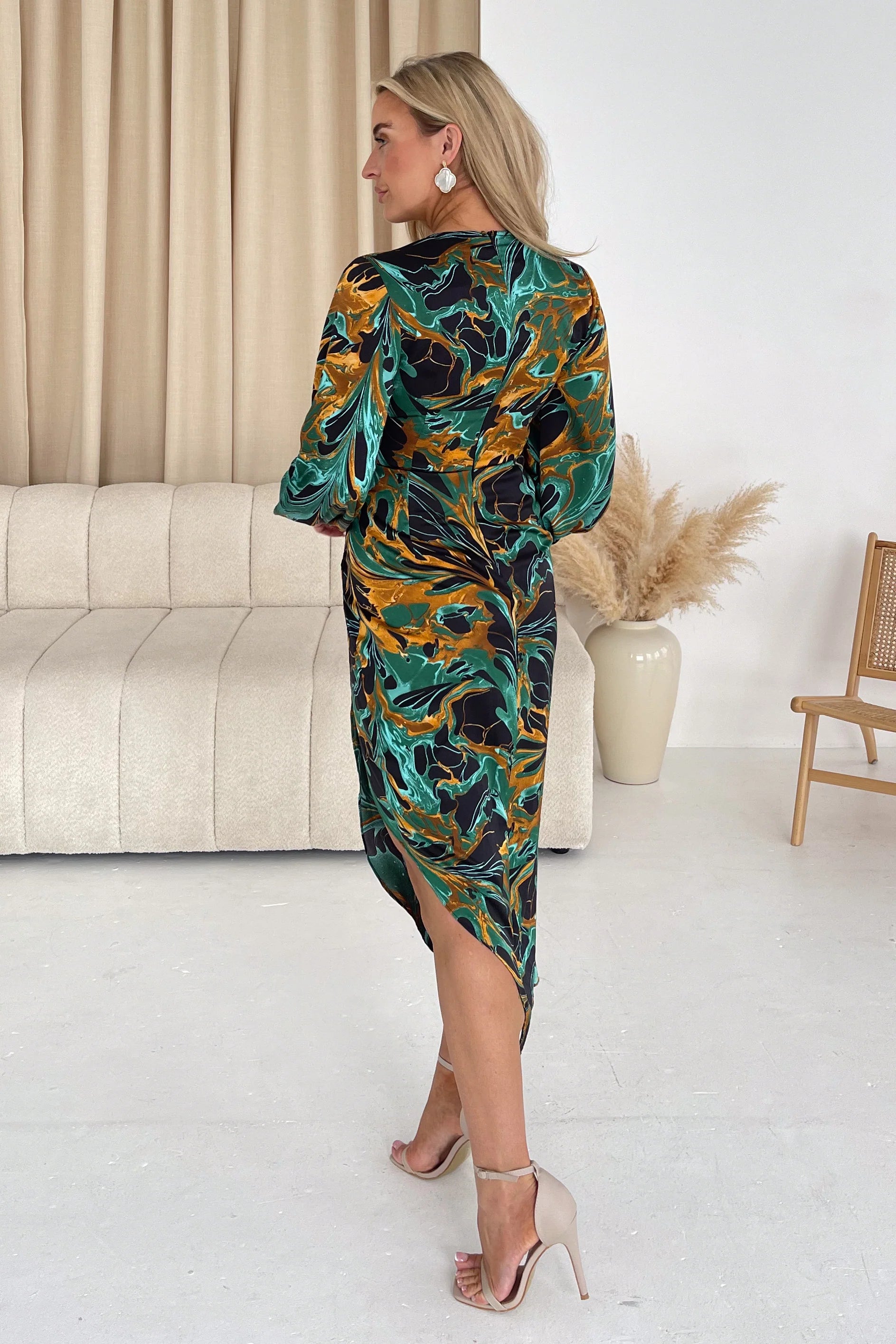 Elsa Green Multi Long Sleeve Wrap Asymmetric Dress - Love and Liberty