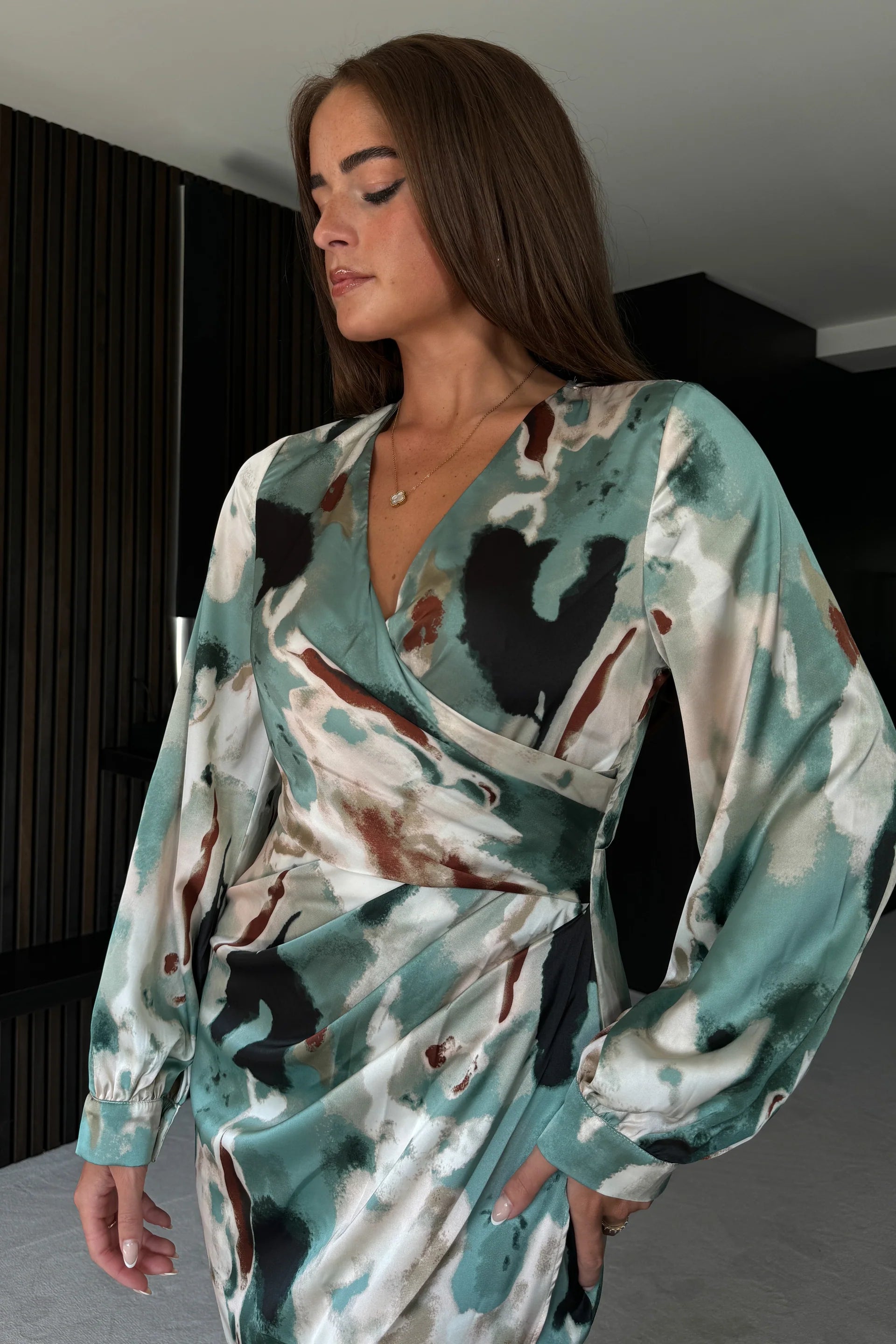 Elsa Green Marble Long Sleeve Asymmetric Dress - Love and Liberty