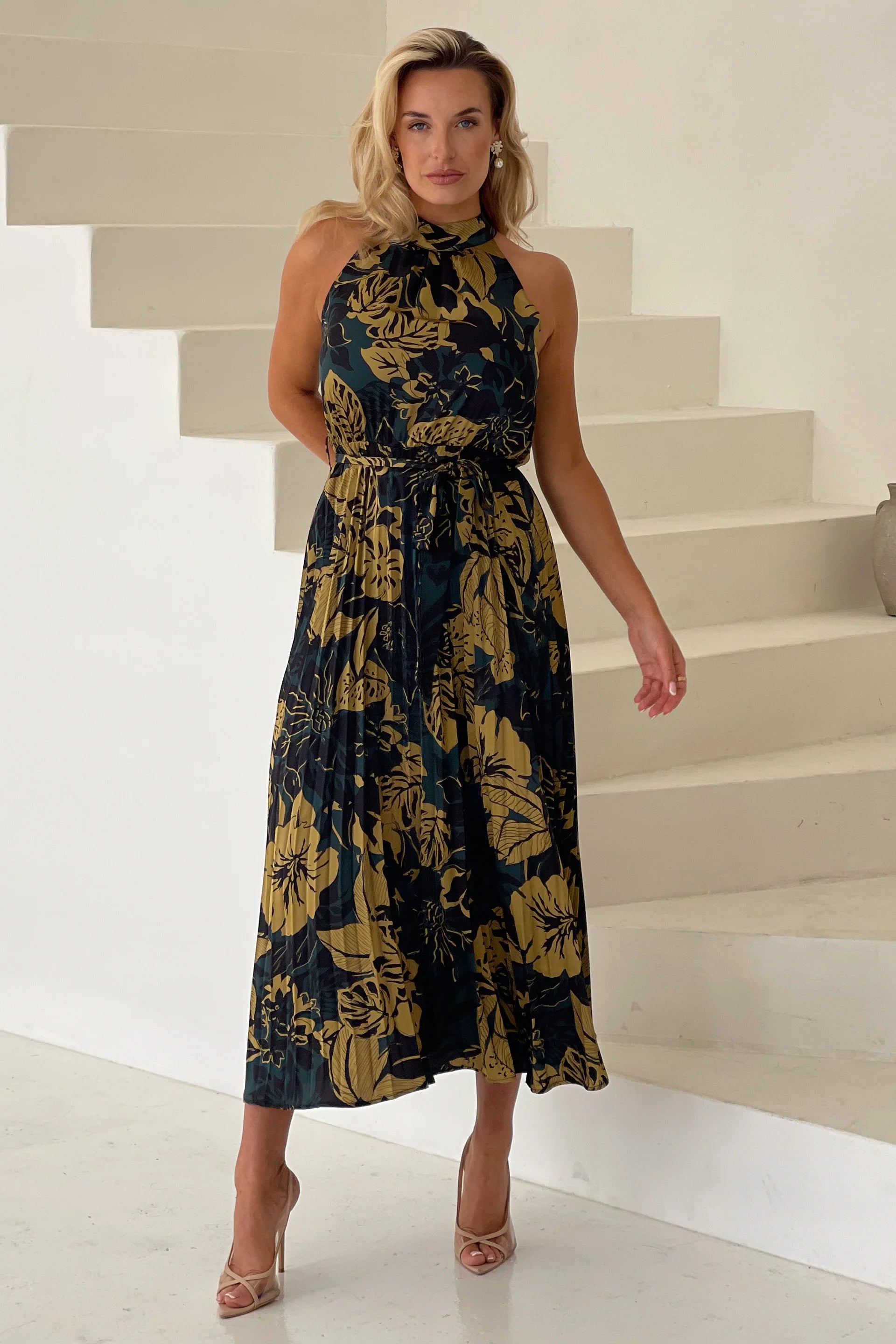 Carla Large Flroal Pleated Midi Dress - Love and Liberty