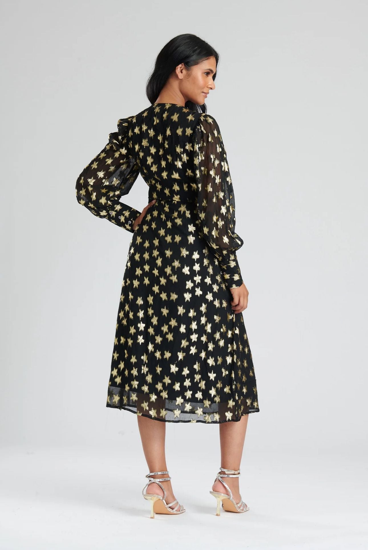 Black Metallic Star Long Sleeve Wrap Dress - Love and Liberty